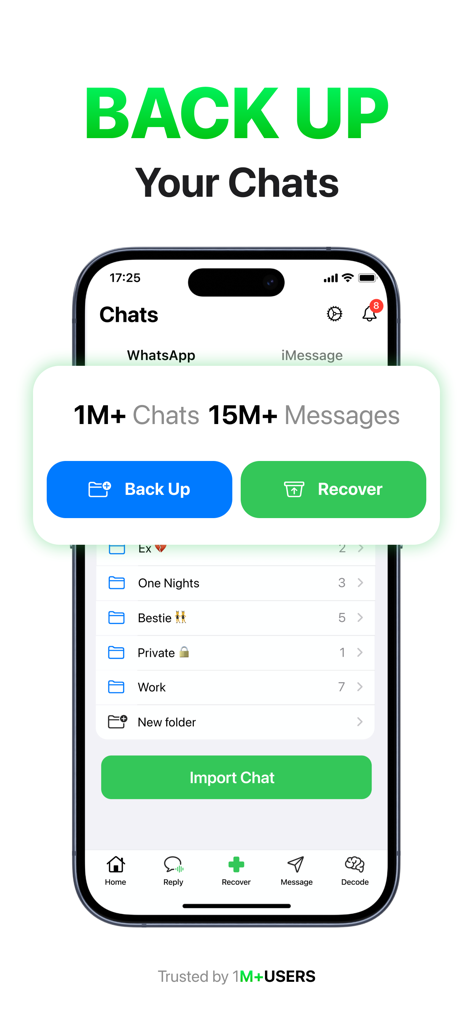 Recover Deleted Messages: Chat - Interface of the Recover Deleted Messages app showing backup and recovery options for WhatsApp chats on an iPhone
