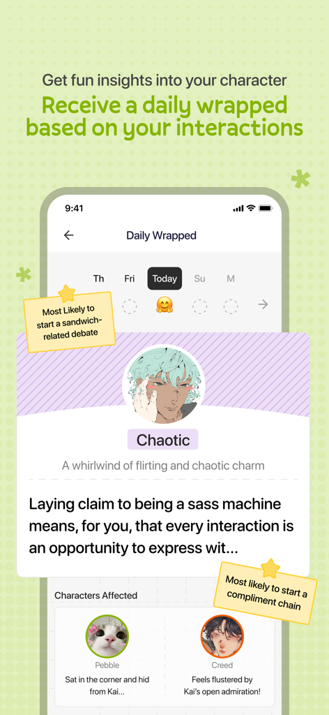 oc social network - Uma tela de aplicativo móvel mostrando o recurso Daily Wrapped para um personagem de roleplay com traços de personalidade e destaques de interação.