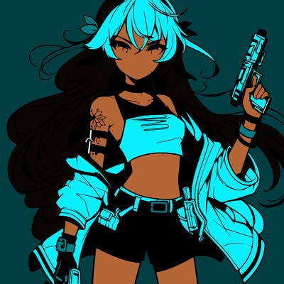bad girl wearing crop top holding a gun long hair anime