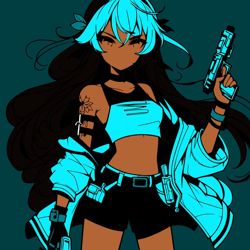 bad girl wearing crop top holding a gun long hair anime
