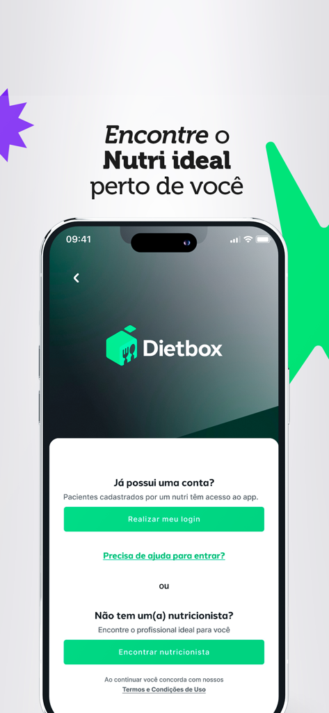 Dietbox - Dietbox mobile app login screen featuring options to log in or find a professional nutritionist