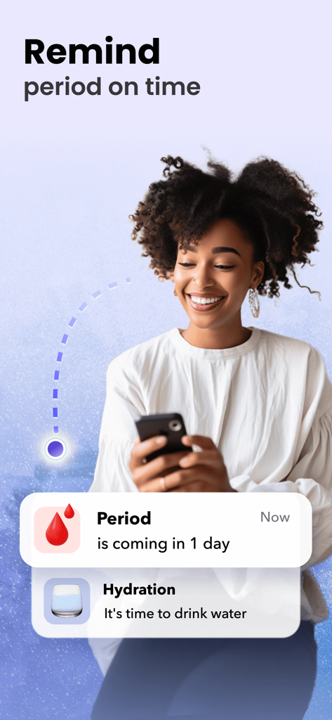 Period Tracker • Ovulation App - App screen showing period prediction and hydration reminders on a smartphone.