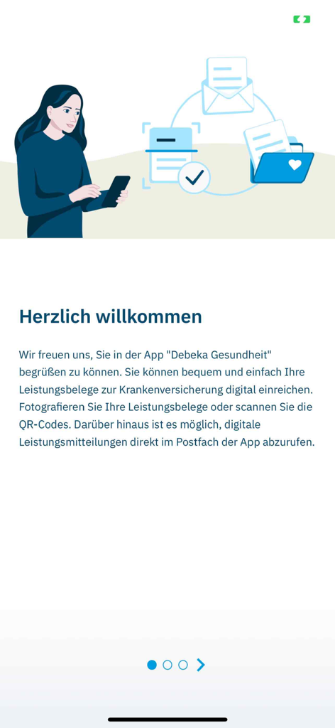 Welcome screen of the Debeka Gesundheit app illustrating digital document submission