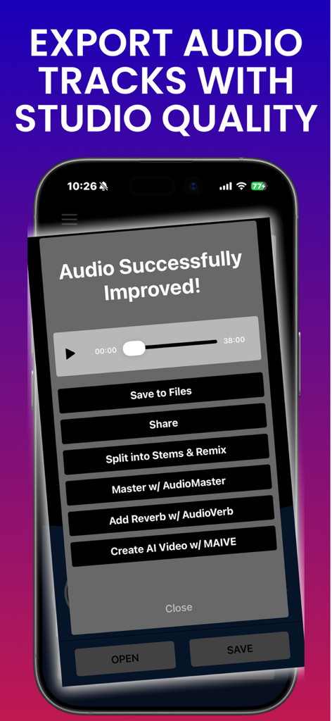 Podcast Cleaner AI Denoise Fix - Podcast Cleaner AI app screen showing a successful audio improvement message and export options for studio quality sound.