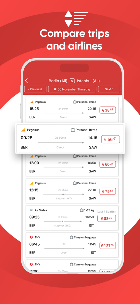 Interfaz de la aplicación Obilet mostrando opciones y precios de vuelos para comparación de viajes