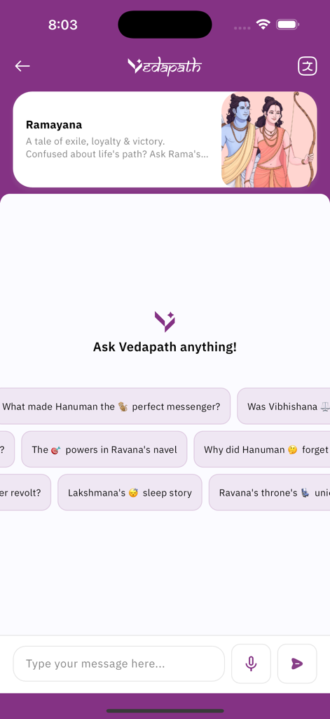 Vedapath mobile app screen showing an AI chat interface to ask questions about the Ramayana with suggested topics about Hanuman and Ravana.