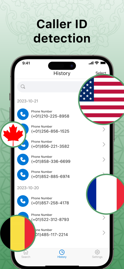 Smartphone screen showing the call history feature of the Number Book app with international caller ID detection and country flags