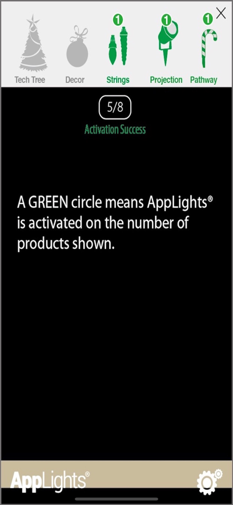 AppLights app interface showing activated holiday light categories including strings and projections