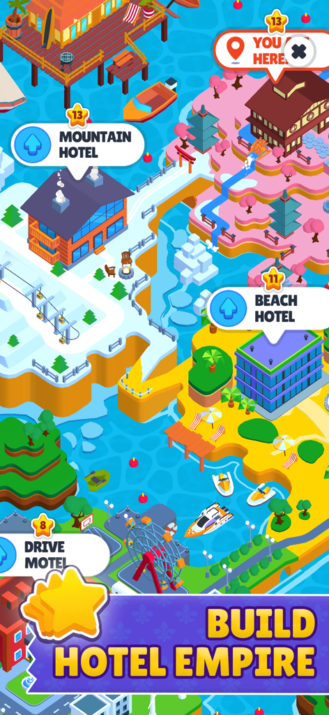 My Perfect Hotel - Vista general del mapa de varias ubicaciones temáticas de hoteles en el juego Mi Hotel Perfecto