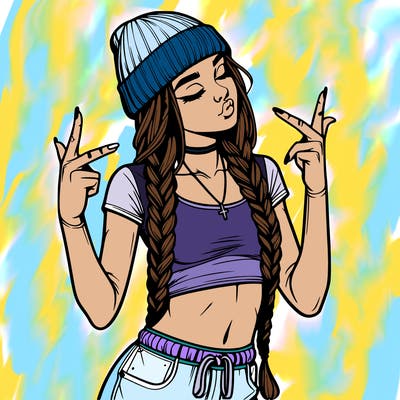 realistic teenage girl with braids and a beanie and crop top doing 🫶🏼
