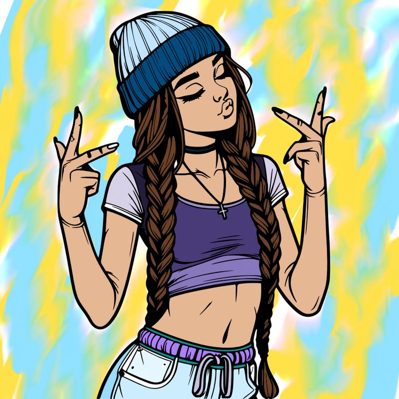 realistic teenage girl with braids and a beanie and crop top doing 🫶🏼