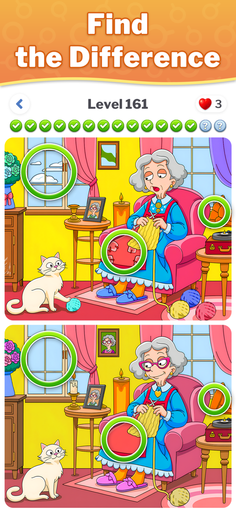 Captura de pantalla del nivel 161 de un juego de encontrar diferencias que presenta un dibujo animado de una anciana tejiendo con un gato.