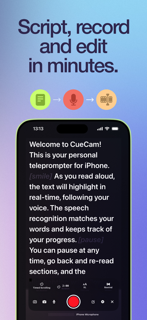CueCam: Video Teleprompter - Pantalla de smartphone mostrando la aplicación de teleprompter CueCam con el guion y los controles de grabación