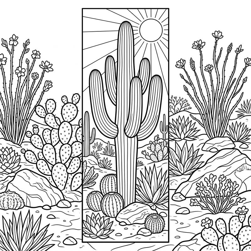 Bring the iconic beauty of the Sonoran Desert to life with this intricate Saguaro cactus bookmark coloring page. It's a perfect blend of relaxation and creativity, allowing you to craft a personalized marker for your favorite books.