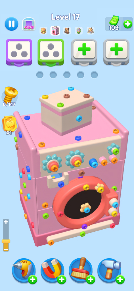 Happy Screw Trip 3D - Gameplay of Happy Screw Trip 3D showing a pink washing machine covered in colorful screws for sorting