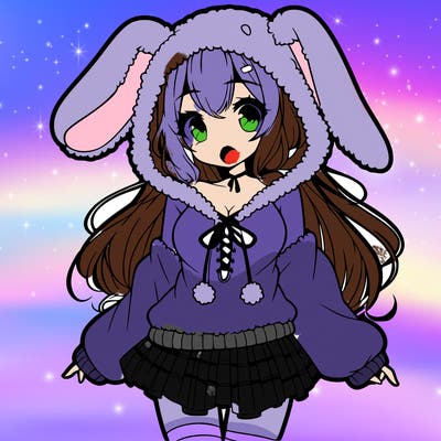 pretty anime girl wearing a fluffy hoodie with bunny ears on the hood and a skirt