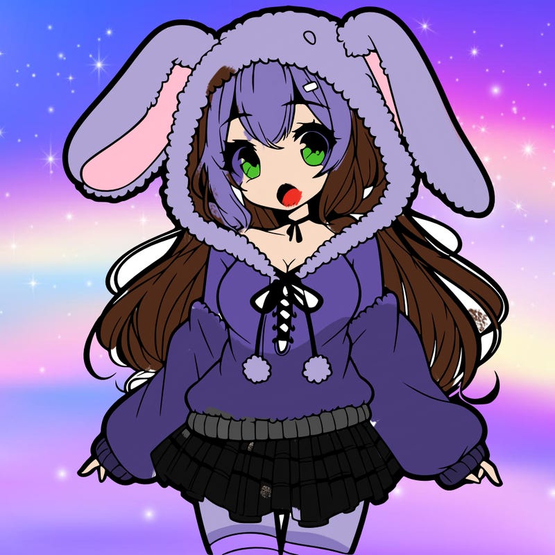 pretty anime girl wearing a fluffy hoodie with bunny ears on the hood and a skirt