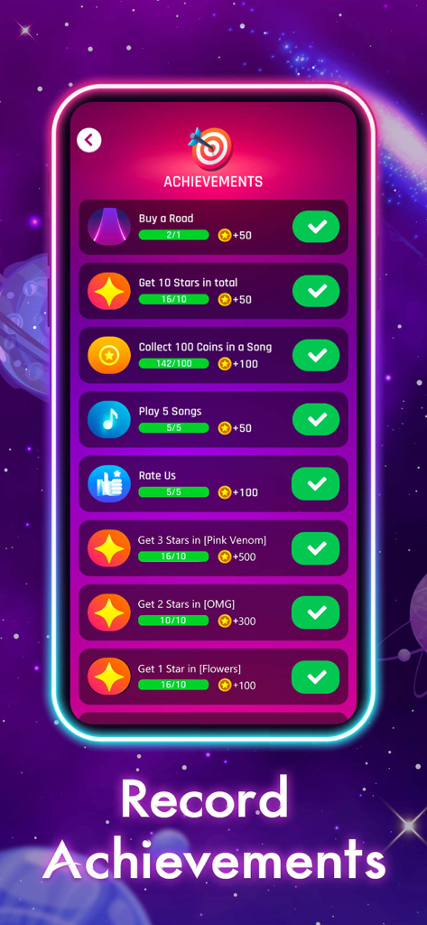 Dancing Road Color Match & Hop - Menú de logros en el juego Dancing Road que muestra tareas completadas y recompensas de monedas en un fondo espacial de neón