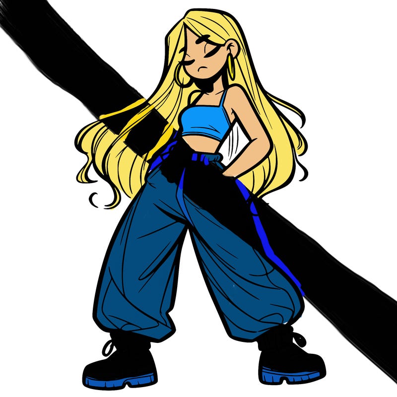 girl in baggy pants crop top and long hair