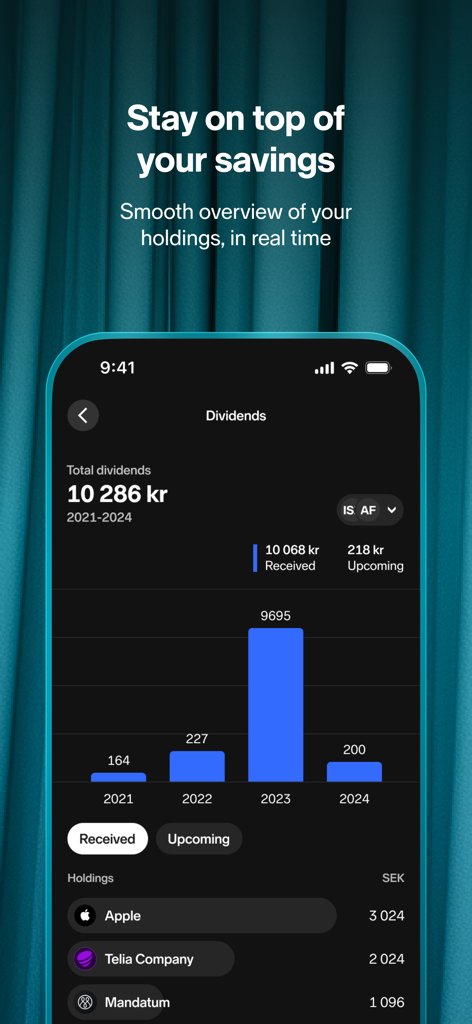 Nordnet: Stocks & Funds - Nordnetアプリのモバイル画面に、棒グラフと保有株式リストを含む配当概要が表示されている