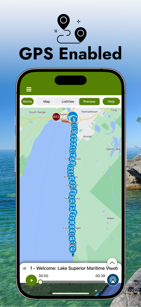 Lake Superior GPS Circle Tour - GPS enabled map view of the Lake Superior Circle Tour app showing route stops