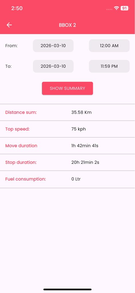Shazcom Fiji - Una pantalla de resumen de la aplicación Shazcom Fiji que muestra estadísticas de viaje del vehículo, incluida la distancia, la velocidad máxima y la duración del movimiento.
