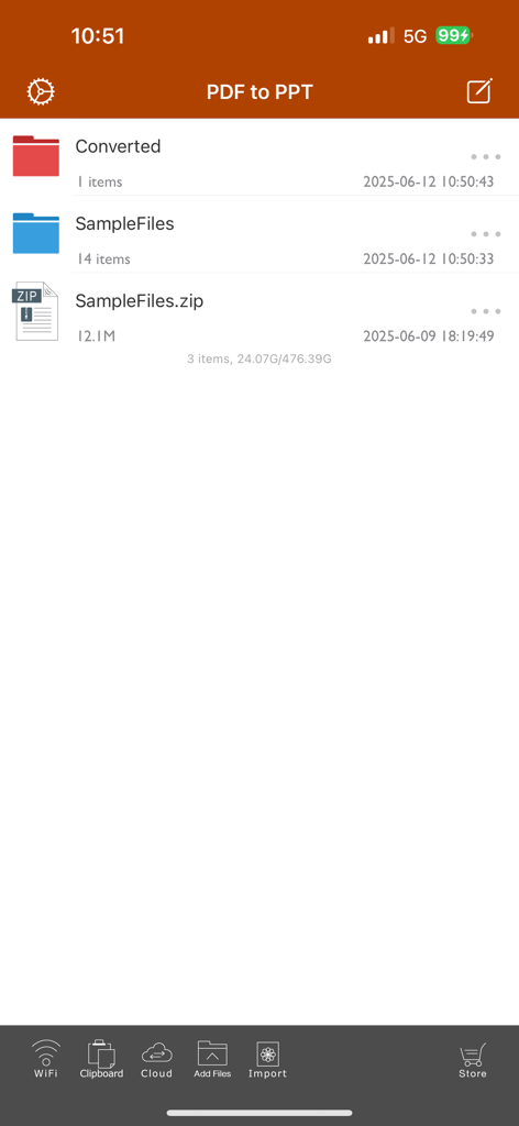 Main file management screen of the PDF to PowerPoint app showing folders and sample files.