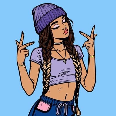 realistic teenage girl with braids and a beanie and crop top doing 🫶🏼