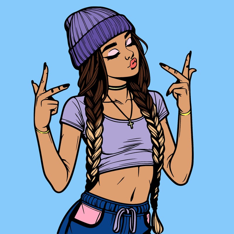 realistic teenage girl with braids and a beanie and crop top doing 🫶🏼