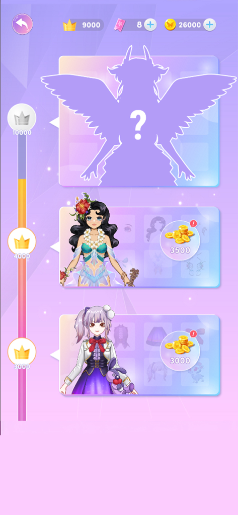 Magic Fashion: Doll Dressup - Progression menu in Magic Fashion showing ranked doll characters and unlockable outfits