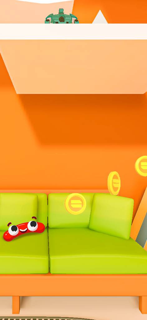 Sausage Game: Jump & Flip - A red sausage character with eyes jumping on a green couch to collect gold coins