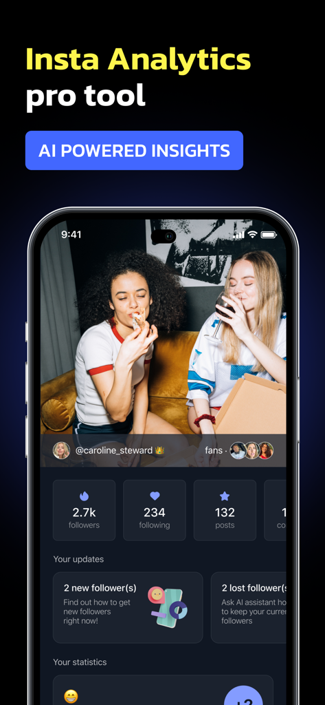 Reports,Followers Tracker AI - Aplicativo rastreador de seguidores do Instagram mostrando análises de perfil e insights de IA