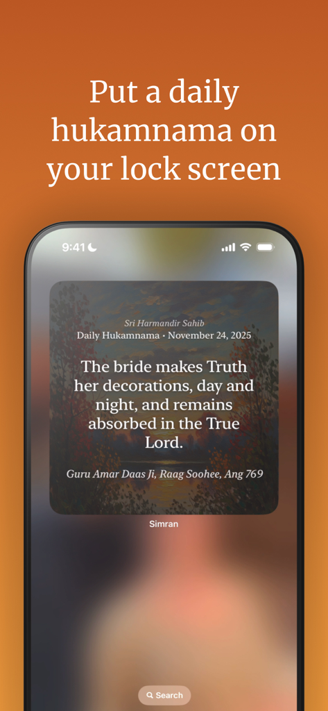 Simran - Sikh AI Chat - Simran app feature showing a daily hukamnama widget on an iPhone lock screen