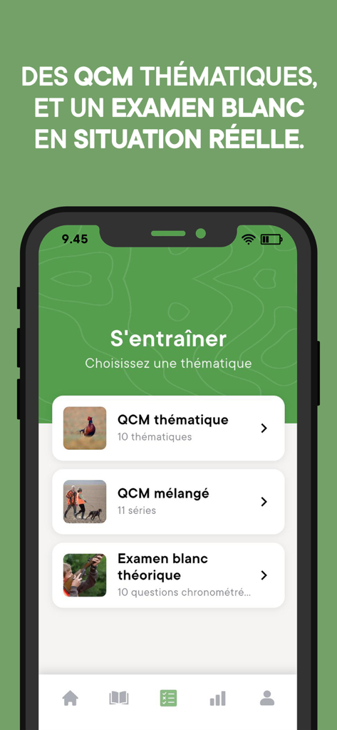 Chassexam - Interfaz de la aplicación Chassexam para cuestionarios de práctica y exámenes de prueba para la preparación del examen de licencia de caza