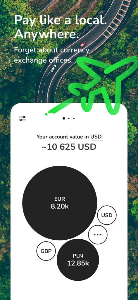 Interface du portefeuille mobile ZEN.COM affichant un compte multi-devises avec des soldes en EUR, PLN, GBP et USD.