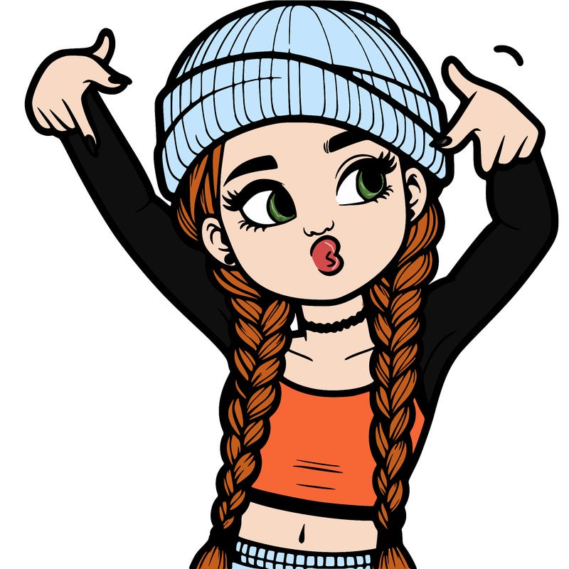 realistic teenage girl with braids and a beanie and crop top doing 🫶🏼