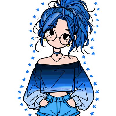 girl with a messy ponytail glasses a baggy crop top and jean shorts