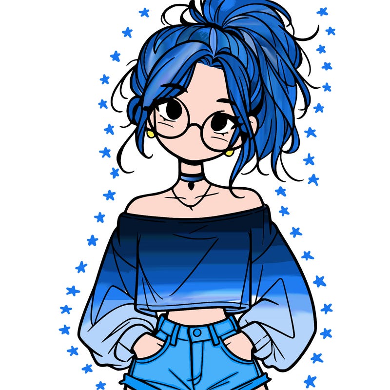 girl with a messy ponytail glasses a baggy crop top and jean shorts