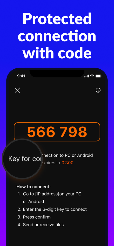 Pantalla del iPhone que muestra un código de seguridad de 6 dígitos e instrucciones para conectarse de forma inalámbrica a una PC o Android para compartir archivos.