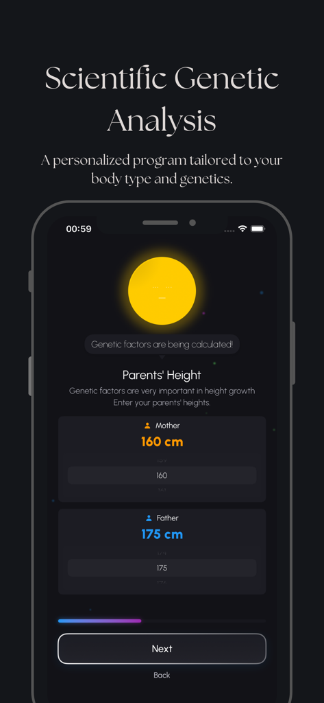 Longer - Height & Posture - A mobile app interface showing scientific genetic analysis for height growth with inputs for parents heights