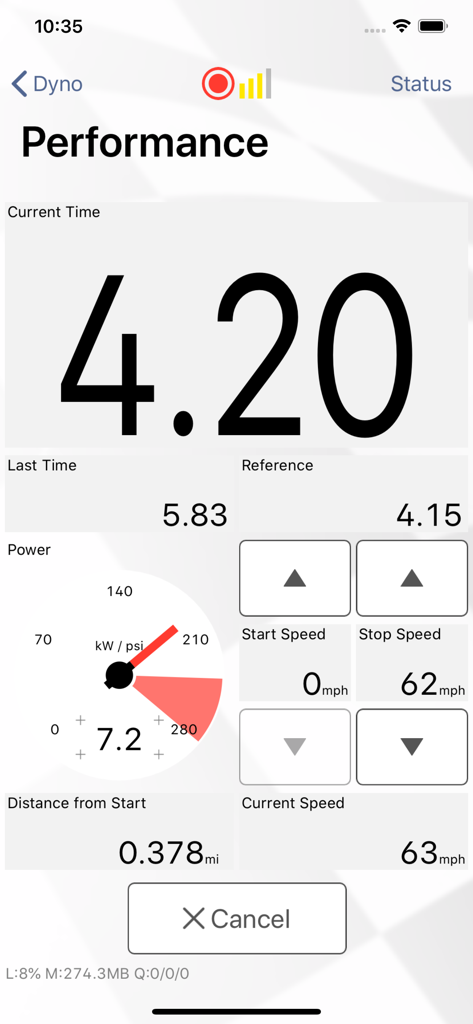 Harrys Dyno app performance screen showing acceleration timing for zero to sixty two mph