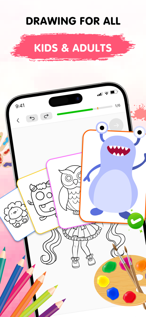 Easy Draw app interface showcasing drawing tutorials for kids and adults with step by step lessons
