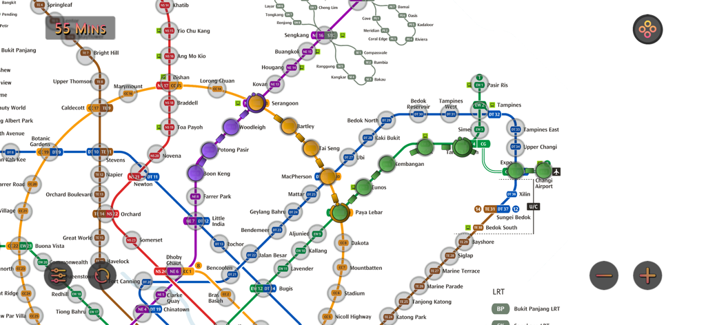 An interactive Singapore MRT map showing various transit lines and estimated travel time calculations.