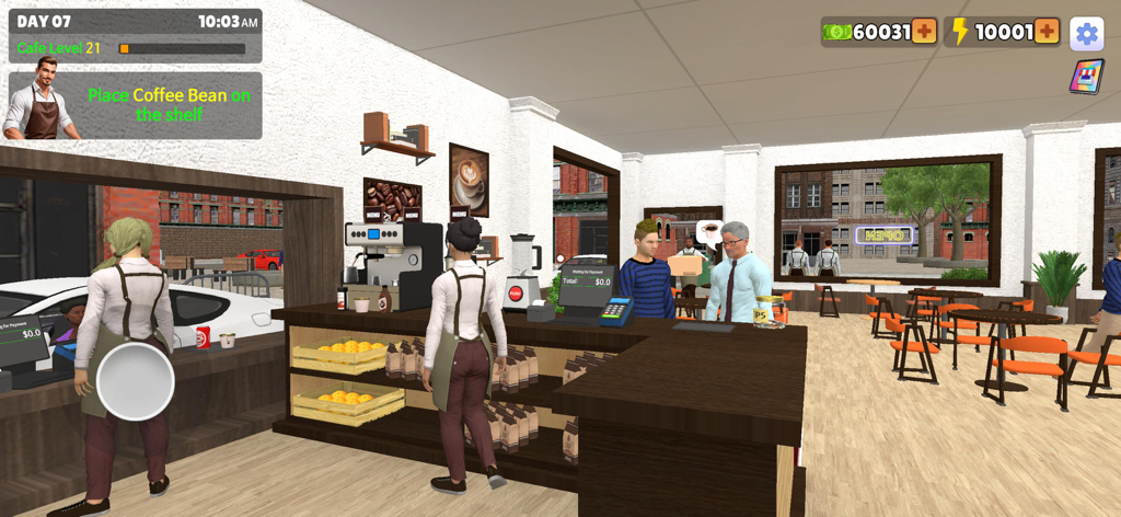 My Cafe Simulator - Visão de jogabilidade em primeira pessoa de um interior movimentado de cafeteria com baristas e clientes no My Cafe Simulator