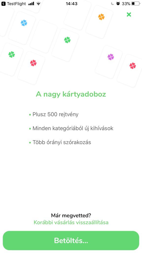 Kérdezz ! Felelek - In-app purchase screen for the Kerdezz Felelek Hungarian trivia game offering a big card box with 500 additional puzzles