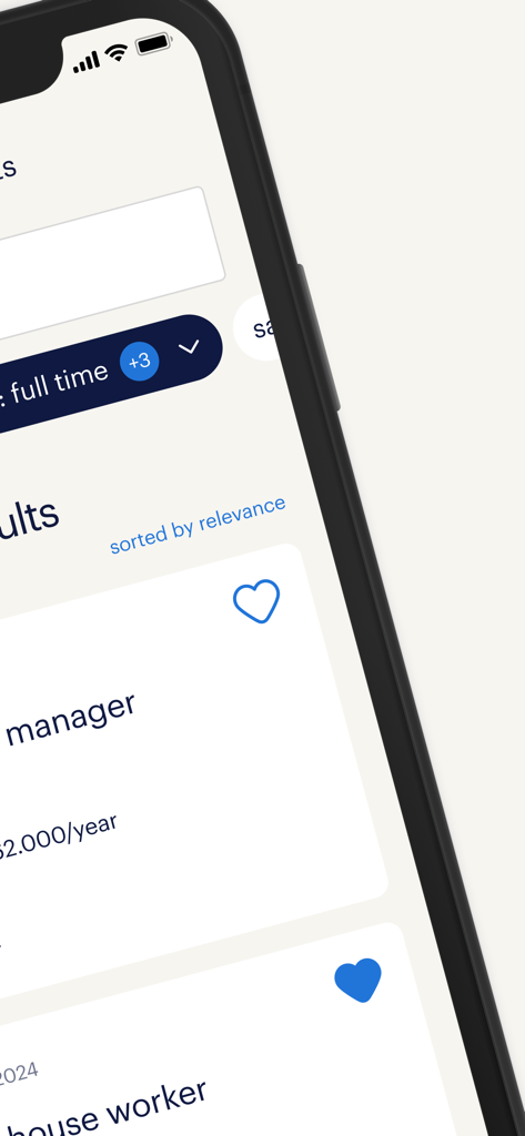 my Randstad - Mobile screen showing job search results in the my Randstad app with listings for manager and house worker roles including salary information.