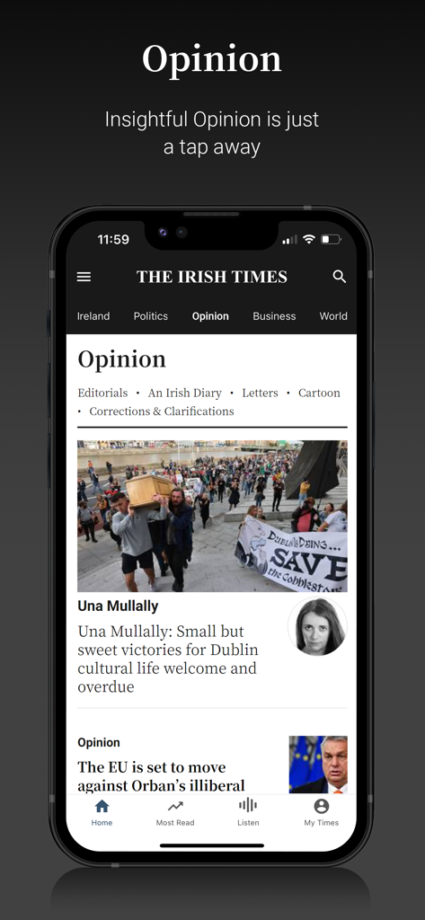 The Irish Times News - The Irish Times News 앱의 오피니언 섹션을 보여주는 스크린샷으로 통찰력 있는 칼럼과 사설이 포함되어 있음.
