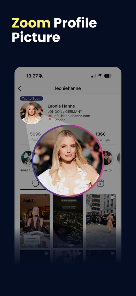 InMarker - Save Reel & Video - InMarker app interface showing the HD zoom profile picture feature for an Instagram account.