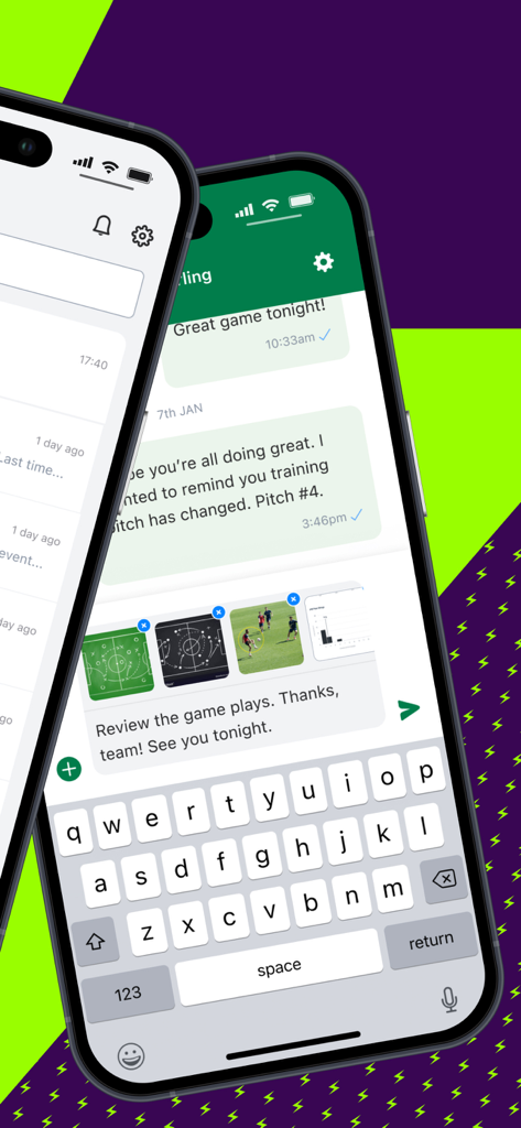 ClubZap - ClubZap app interface showing a sports team chat with coach messages and tactical game play diagrams