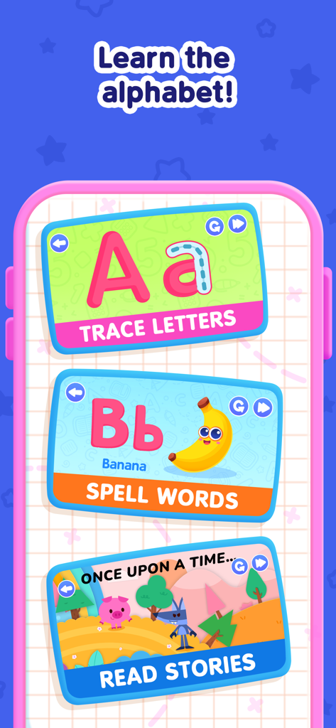 Educational app interface for kids to learn the alphabet through tracing, spelling, and reading stories